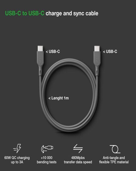 Câble de Charge Rapide Flexible - USB-C vers USB-C - 2m 60W