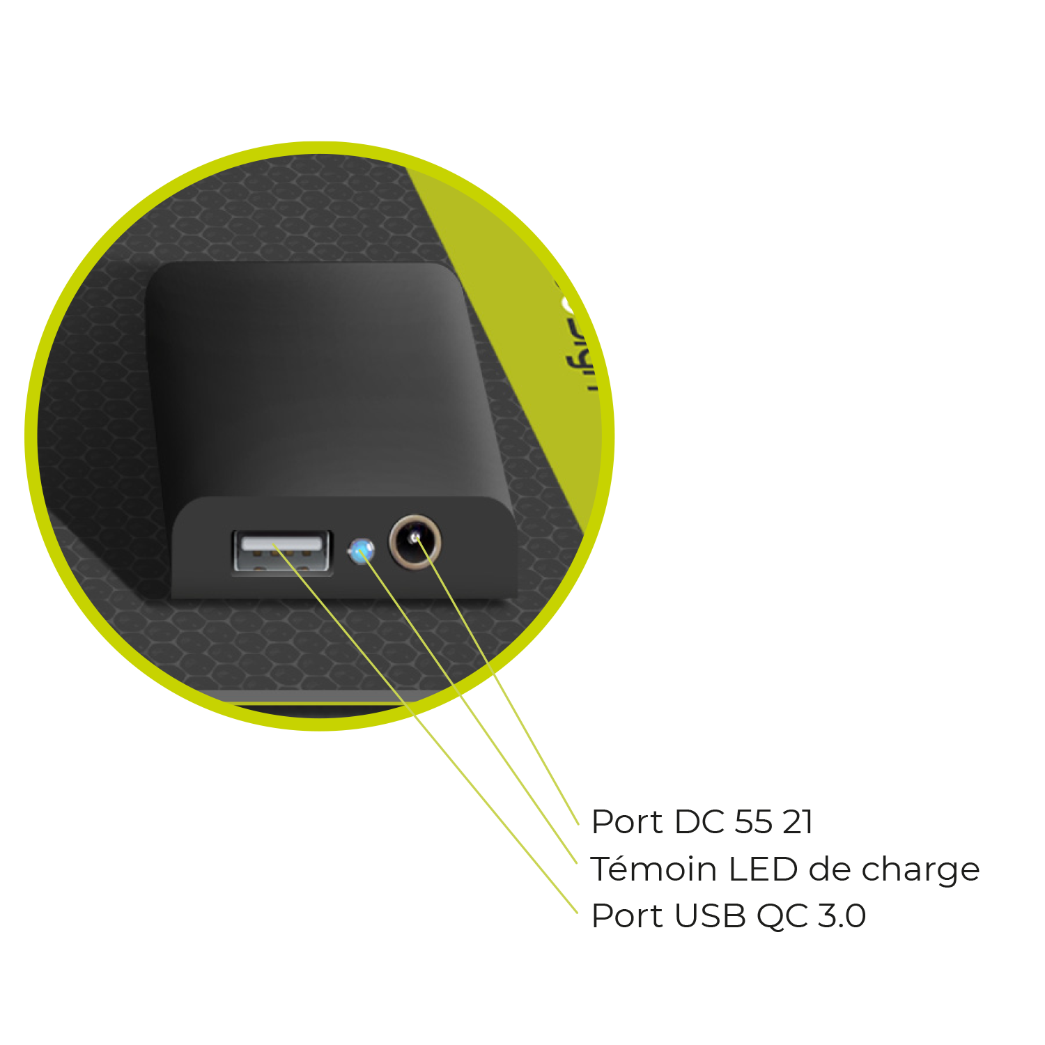 Port DC 55 21, Temoin LED de charge, Port USB QC 3.0