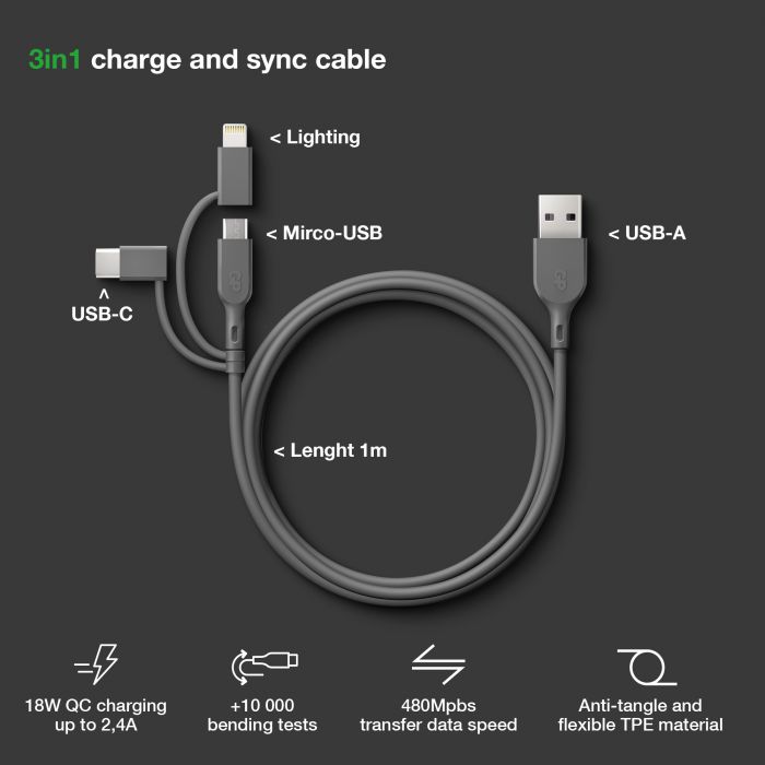 Cable USB-A / 3 en 1 - USB-C, Micro USB & Lightning - 18W