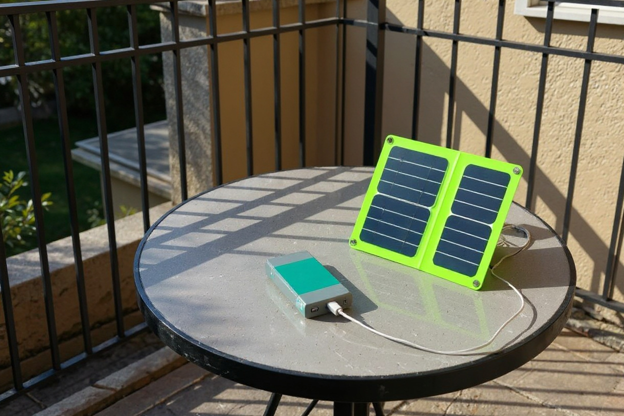 Un panneau solaire pliable plug-and-play sur une table de balcon, orienté vers le soleil et rechargeant un téléphone pour illustrer l’optimisation.