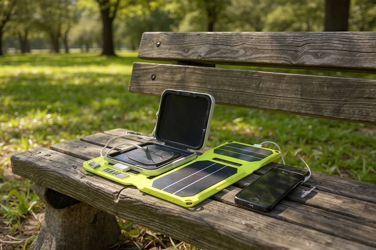 Sur un banc ensoleillé, un chargeur solaire pliable pour mobile recharge un smartphone, avec une efficacité dépendante du soleil.