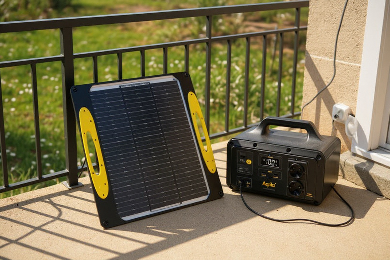 Sur un balcon ensoleillé, un kit solaire plug-and-play 3000 W (panneau et station) branché à une prise, prêt à alimenter la maison.