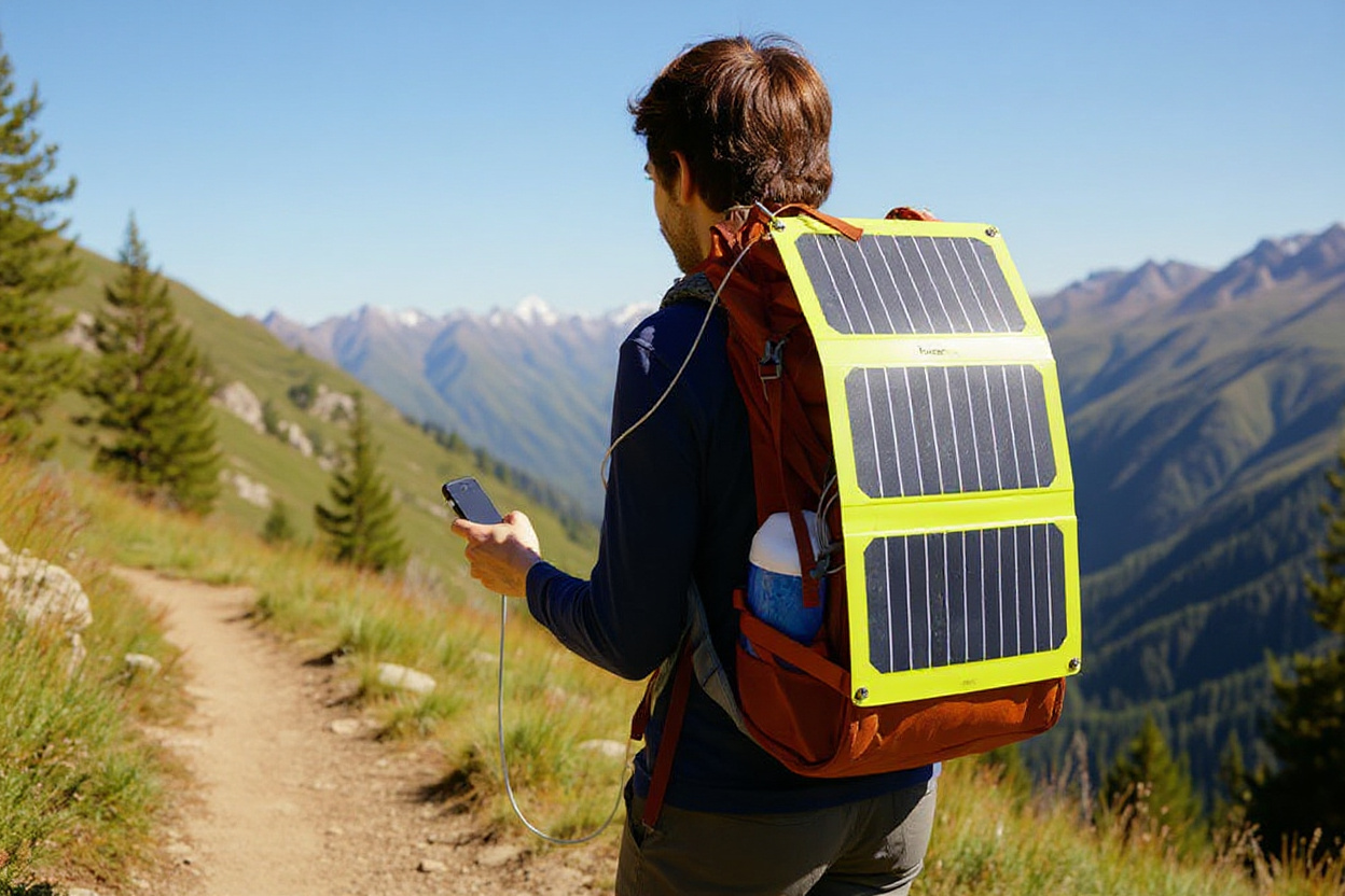 Un randonneur recharge son téléphone avec un chargeur solaire pliable fixé à l’arrière du sac, orienté vers le soleil.