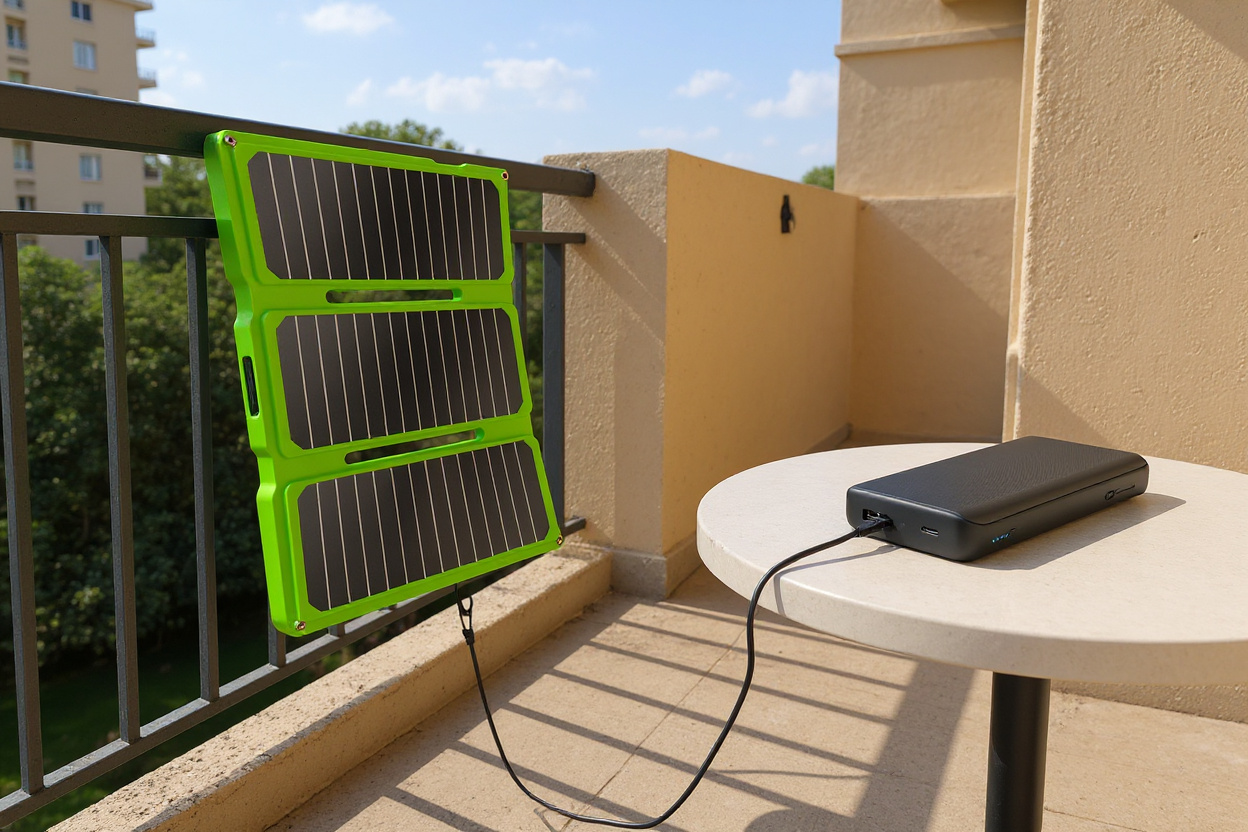 Un kit solaire plug-and-play (panneau pliable et powerbank) fixé à une rambarde de balcon, câblé vers la batterie sur la table en plein soleil.