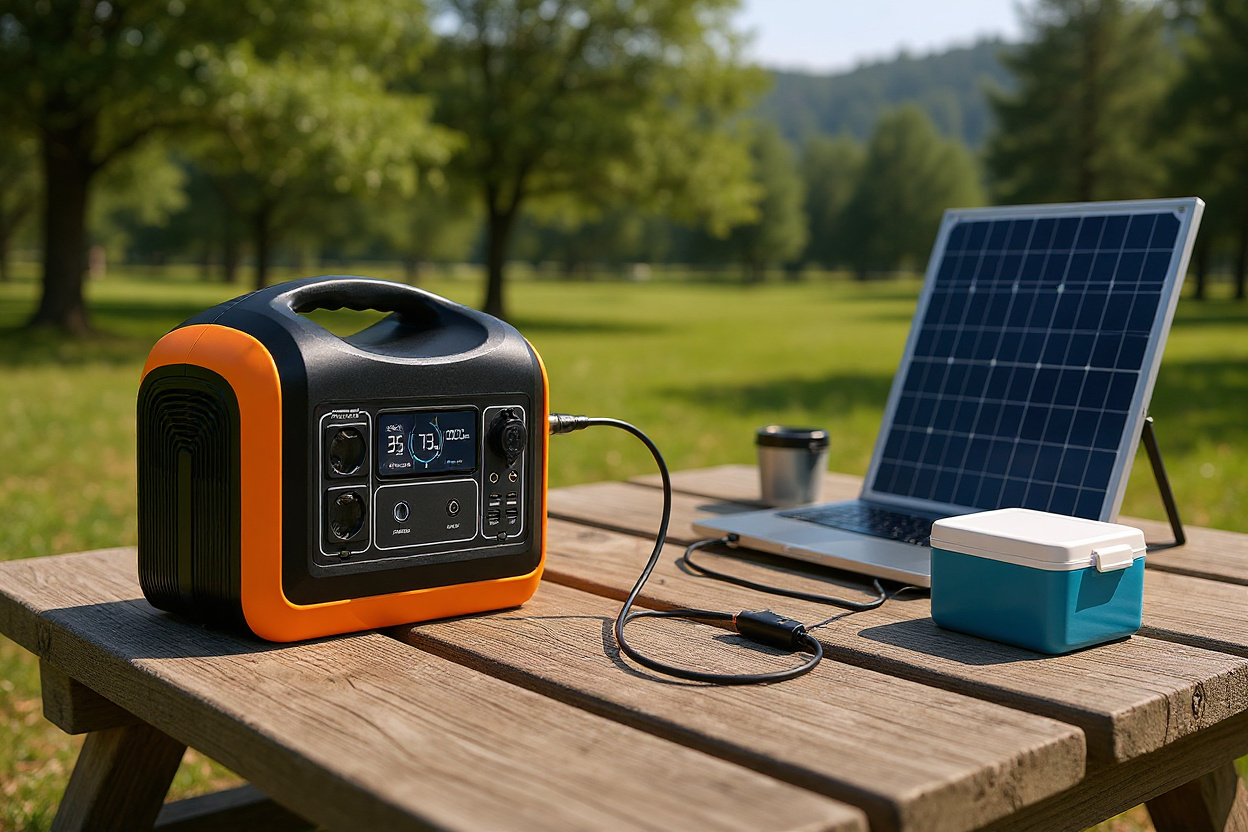 Ignorez l’arrière‑plan infographique; une station d’énergie portable avec régulateur MPPT est posée sur une table, reliée à un panneau solaire 12/24V et alimente un ordinateur portable et une glacière.