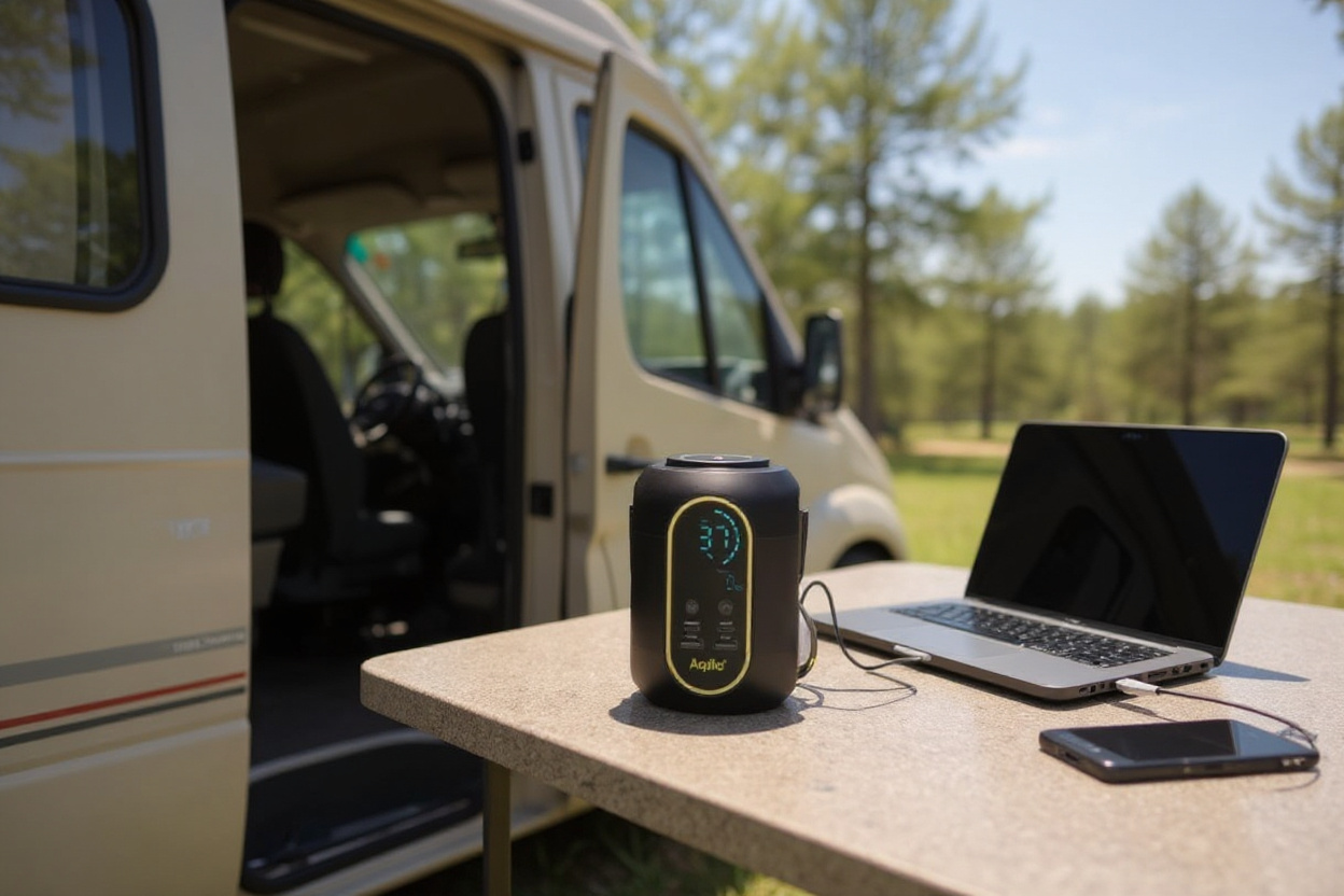 Dans un van aménagé, une centrale solaire portable alimente un ordinateur et charge un téléphone, panneau déployé à la porte.