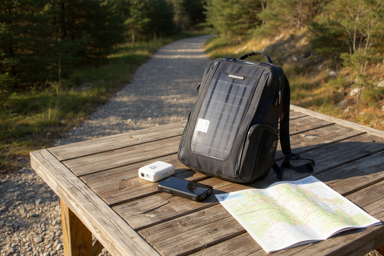 Un sac à dos solaire posé sur une table ensoleillée au départ d’un sentier recharge un téléphone et une lampe frontale.