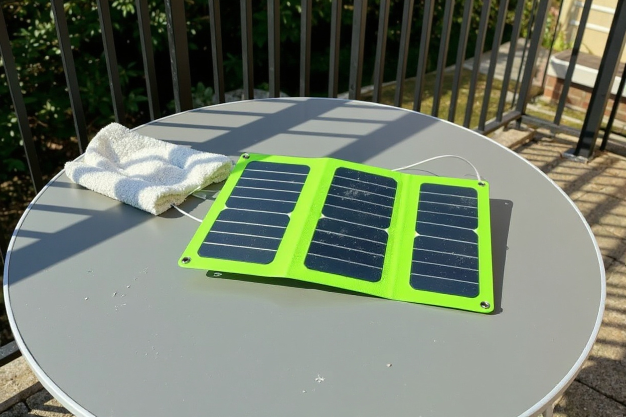 Sur une table de balcon ensoleillée, un seul panneau solaire portable déplié charge un téléphone, une fine poussière indique qu’il est temps de le nettoyer.