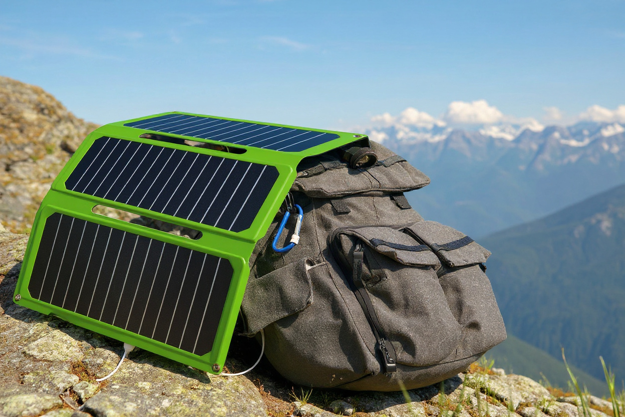 Un panneau solaire pliable avec régulateur MPPT 12V/24V posé sur un sac à dos, incliné au soleil pour recharger une batterie lors d’une pause en montagne.