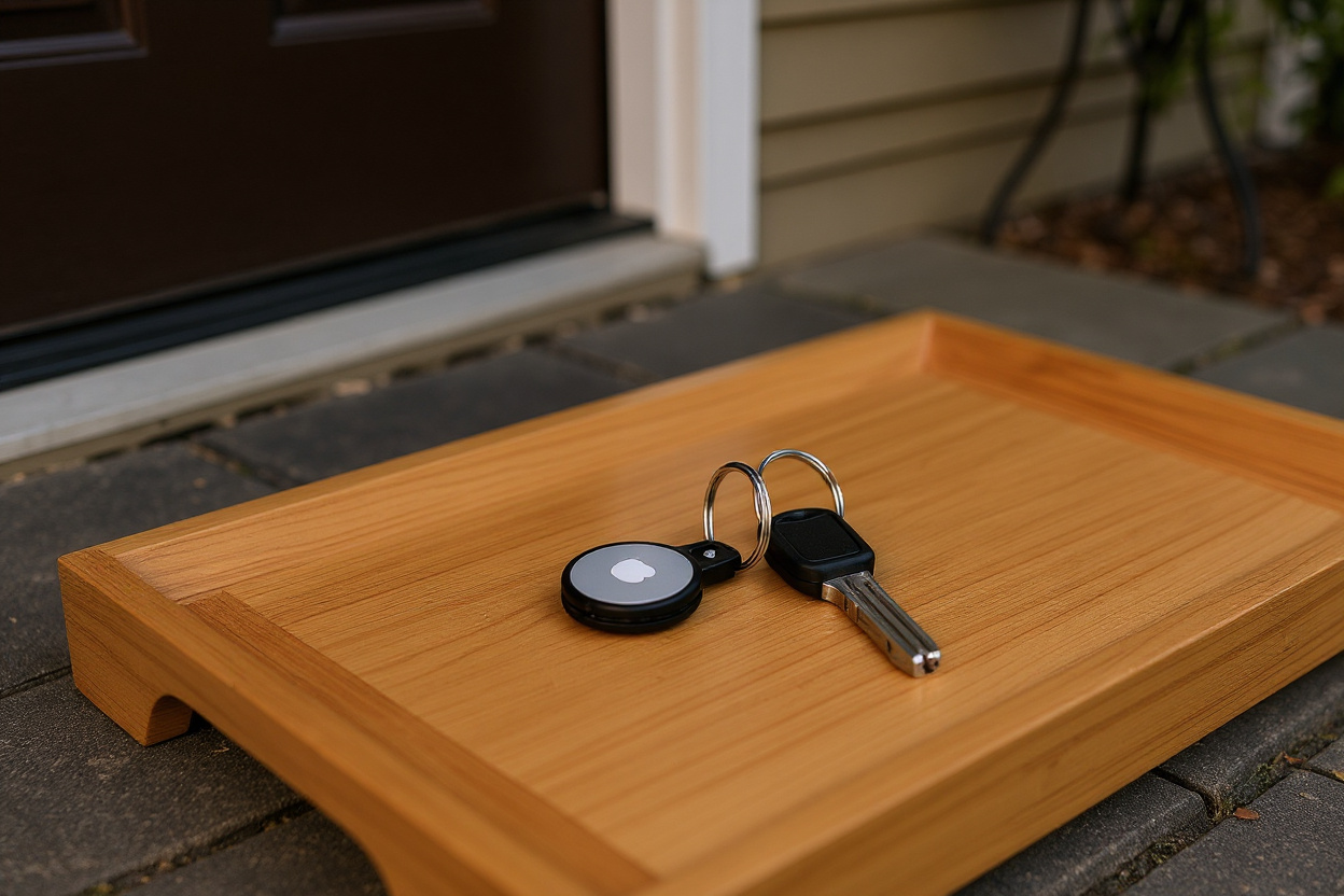 Ignorer le fond d’origine ; un seul AirTag avec porte-clés fixé à une clé repose sur un vide-poche en bois près de la porte d’entrée.