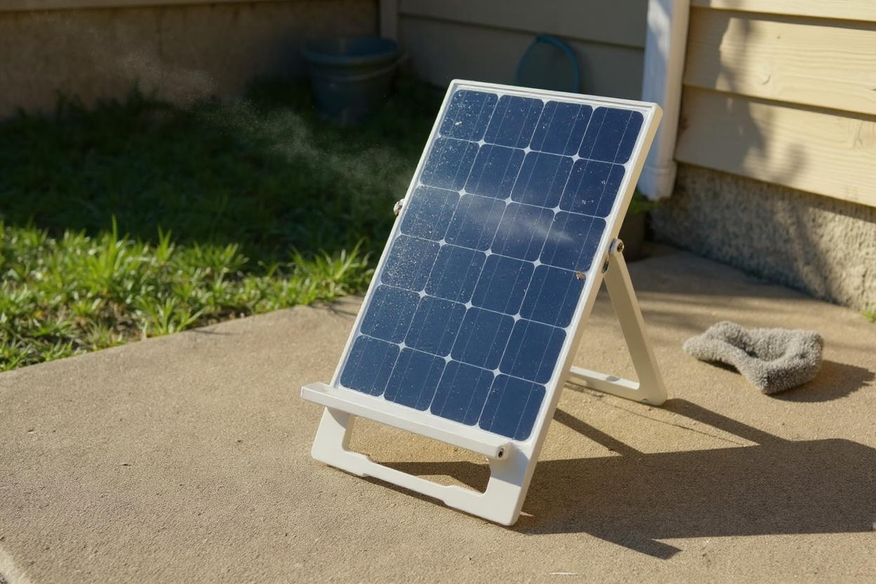 Ignorer le fond d’origine : un panneau solaire portable pliable, posé sur une terrasse ensoleillée à 30°, est nettoyé avec un chiffon microfibre et de l’eau déminéralisée.
