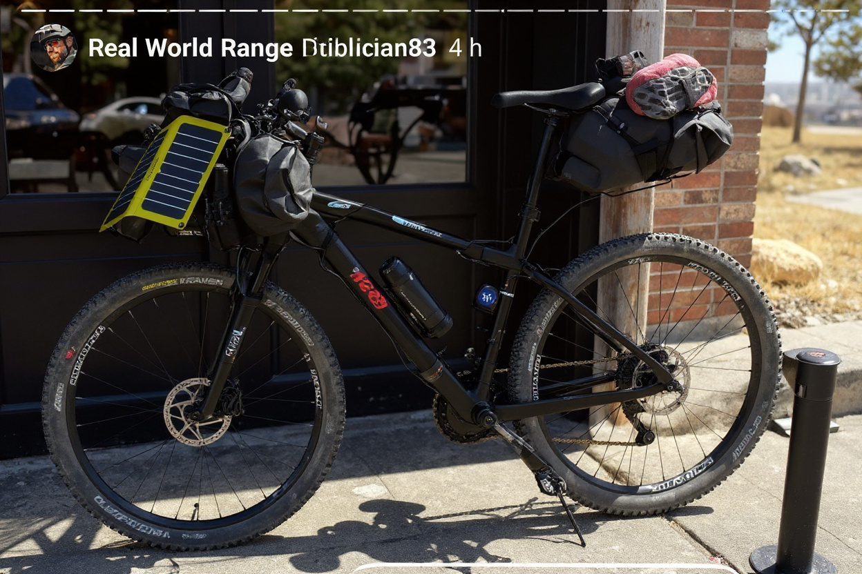 Un vélo de bikepacking garé à un rack de café avec un AirTag caché dans la sacoche du tube supérieur pour le suivi en situation réelle.