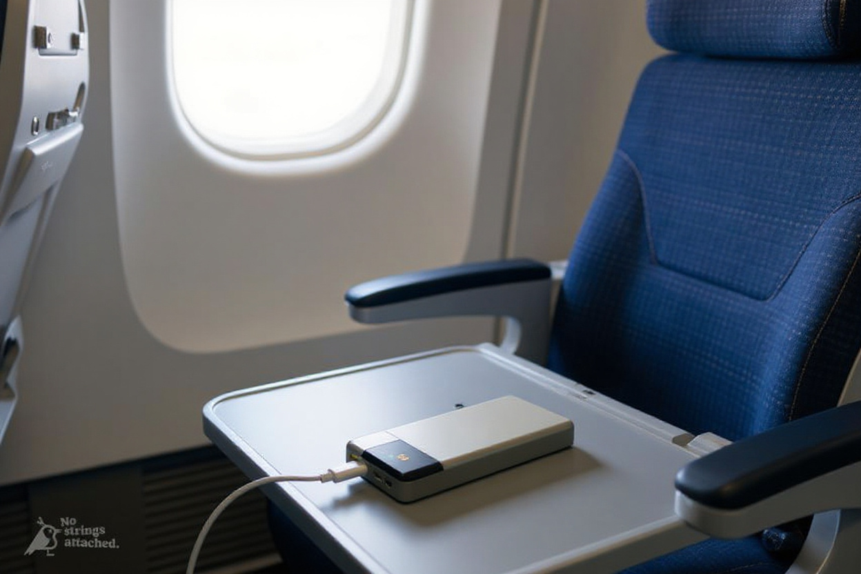 Une batterie externe unique sur une tablette d’avion, étiquette <100 Wh visible, recharge un smartphone en conformité avec les règles en vol.