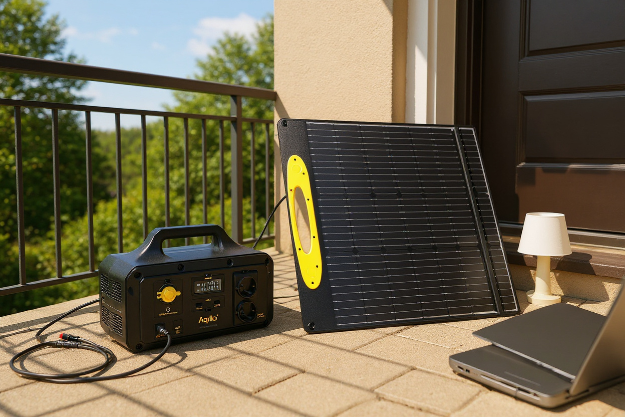 Sur un balcon ensoleillé, un unique kit panneau solaire plug and play 1000 W (panneau pliable + station électrique) est posé au sol, incliné vers le soleil et branché pour alimenter un appareil.