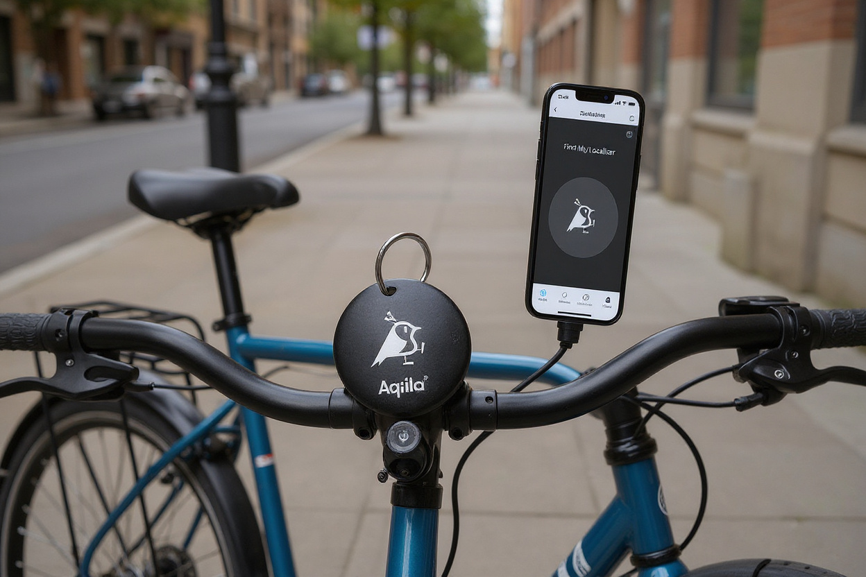 Un traqueur vélo compatible AirTag fixé sous la selle d’un vélo verrouillé pour une localisation facile.