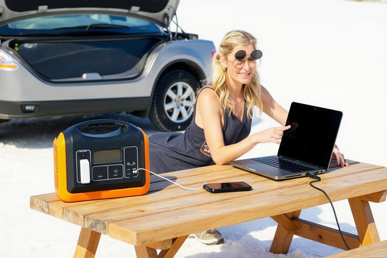 Ignorer le fond d’origine; un convertisseur 12V‑230V pur sinus posé sur une table de camping, relié à une voiture, alimente un ordinateur portable et un téléphone.