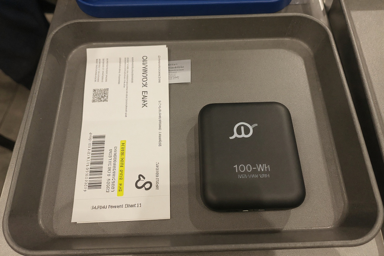 Une unique batterie externe dans un bac de sécurité d’aéroport, étiquette <100 Wh visible pour transport en cabine.