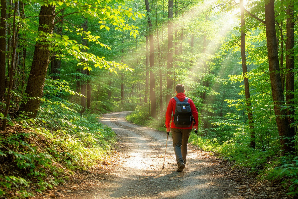 Ignorer l’arrière-plan d’origine; un unique traqueur GPS/Bluetooth compatible Localiser, fixé à la bretelle du sac d’un randonneur sur un sentier forestier ensoleillé.