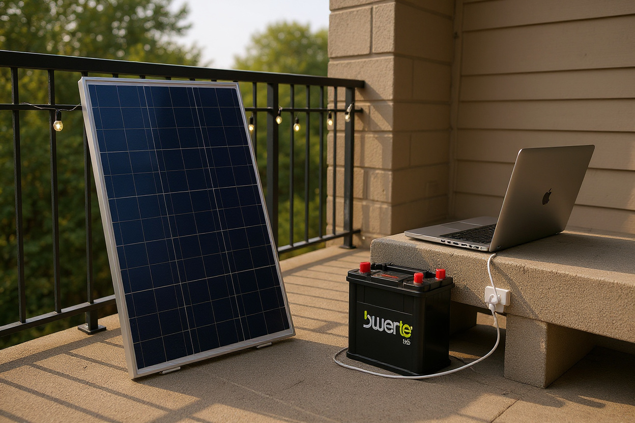 Un kit panneau solaire plug-and-play 1000W avec batterie sur un balcon ensoleillé alimente une prise extérieure.