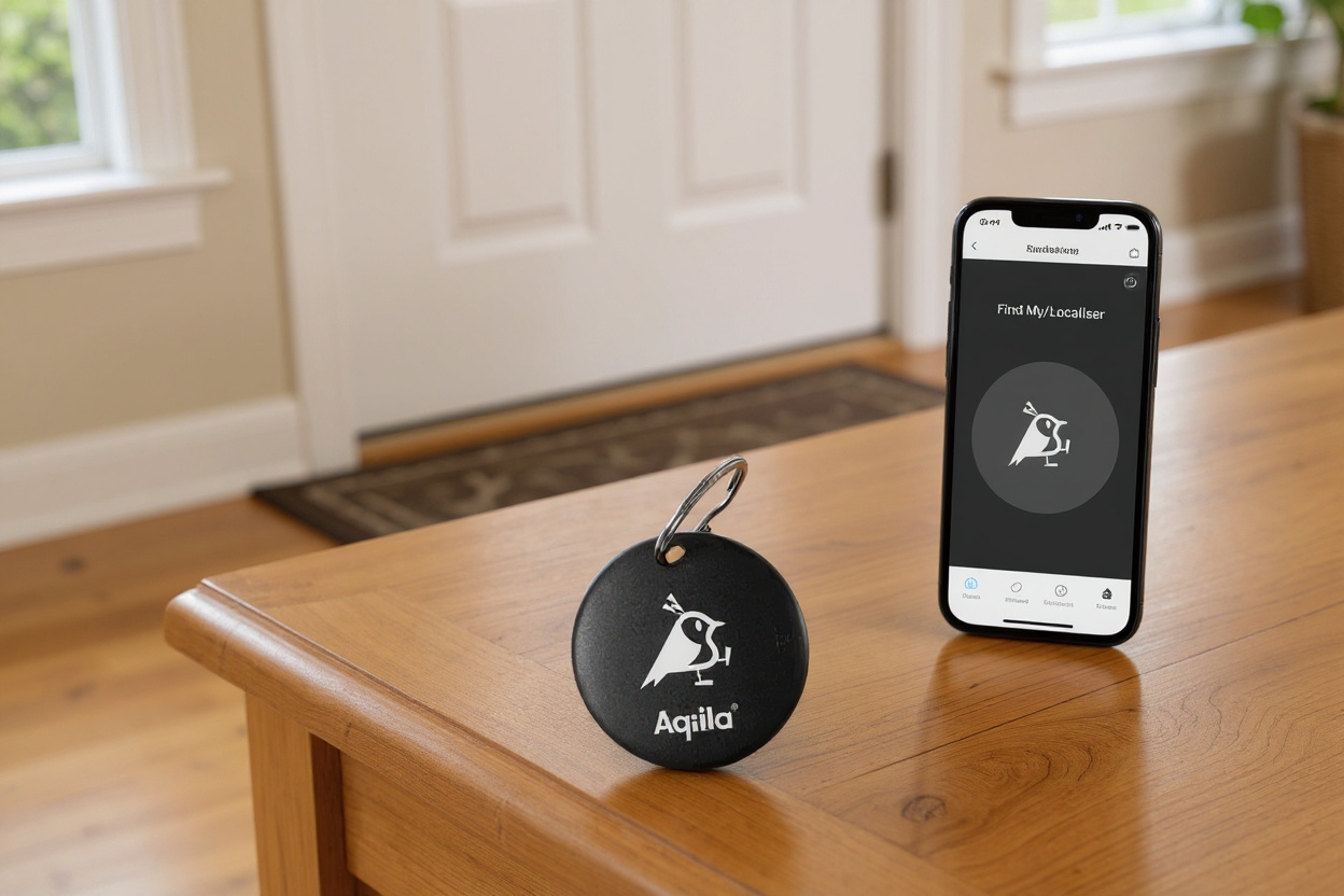 Un traqueur Bluetooth attaché à un trousseau sur une console d’entrée, localisé sur un iPhone via Localiser.