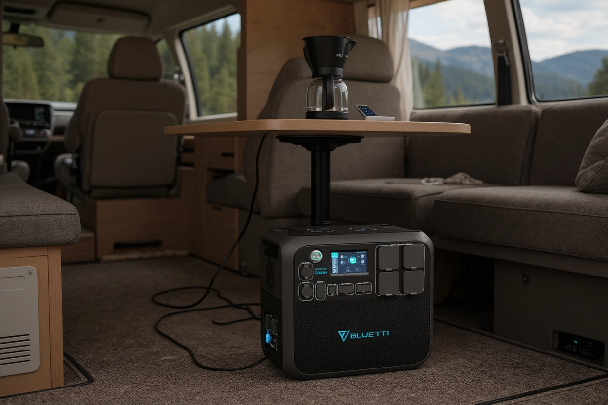 Dans un camping-car, un convertisseur 230V posé sous la banquette alimente une cafetière et recharge un téléphone.