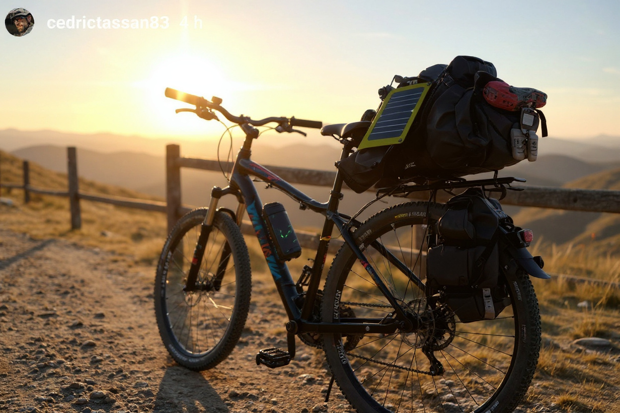 Un sac à dos solaire étanche sur le porte-bagages d’un vélo, panneau orienté vers le soleil au départ d’un sentier.
