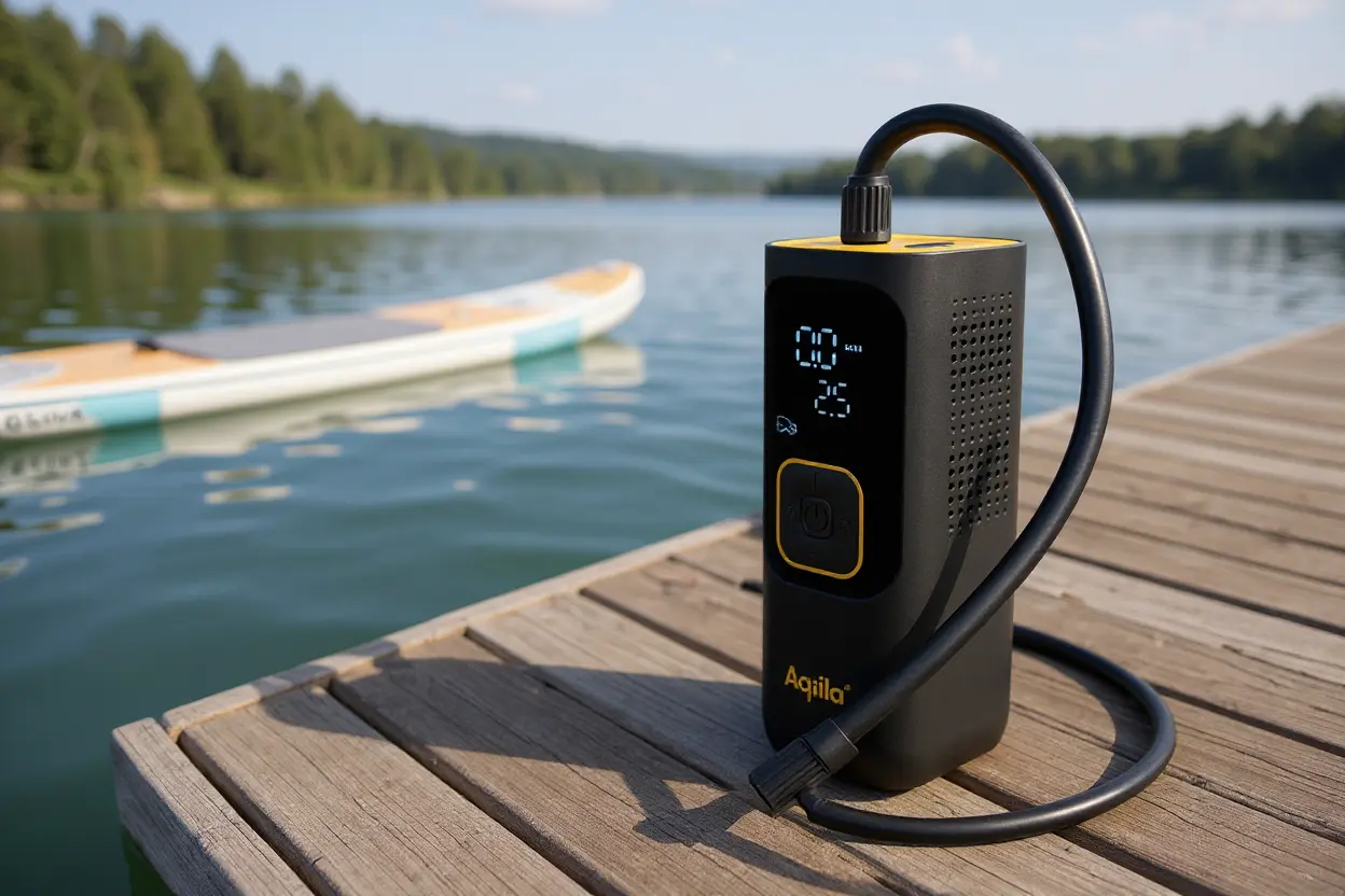 Pompe électrique Aqila posée sur un ponton au bord d'un lac avec un paddle gonflable.