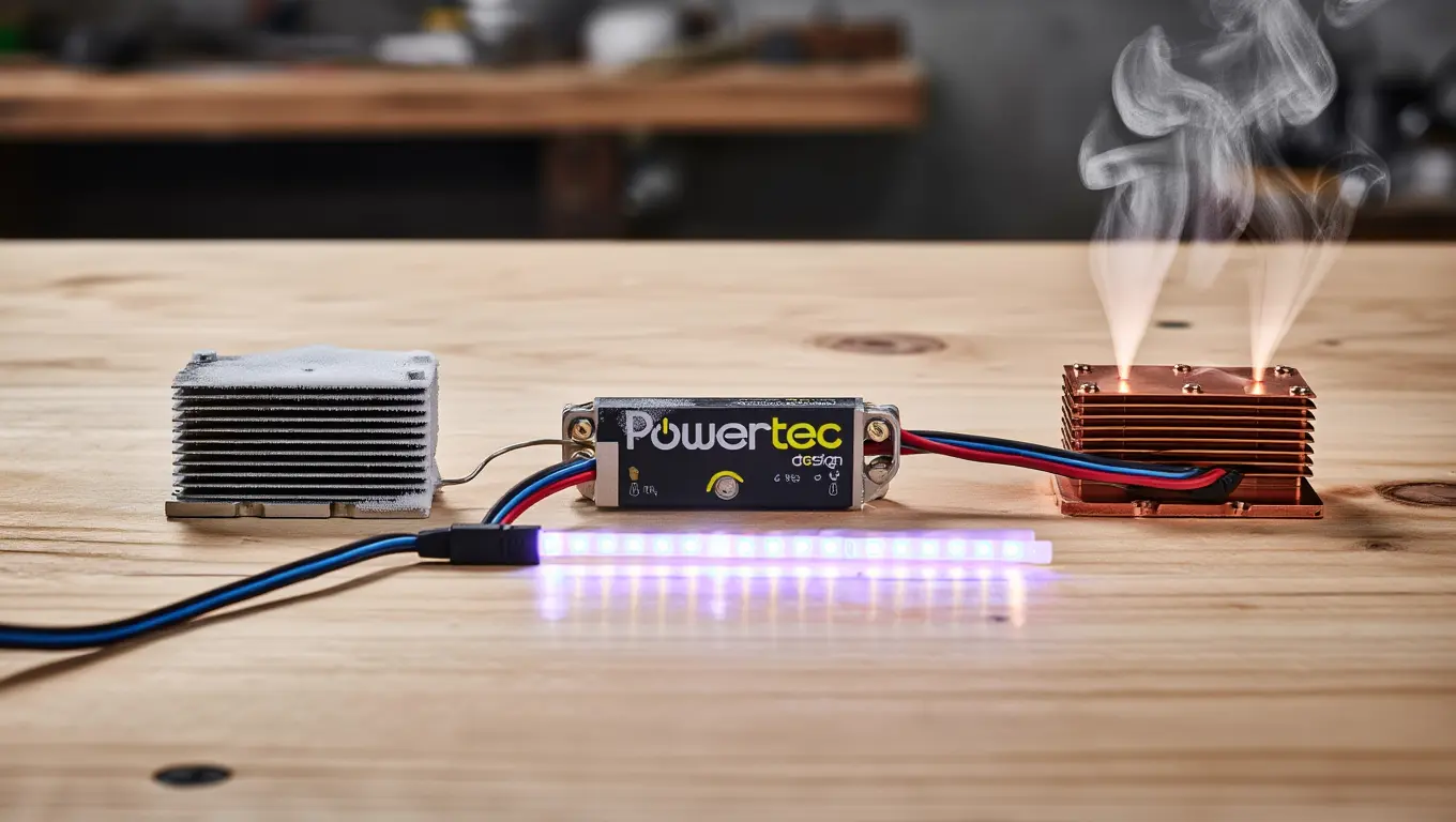 Module Peltier Powertec sur établi produisant de l'électricité par différence de température