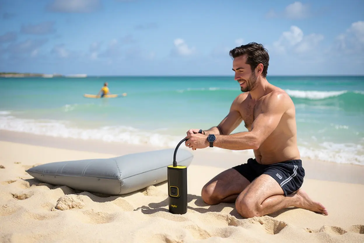 Pompe électrique gonflant un paddle sur une plage ensoleillée