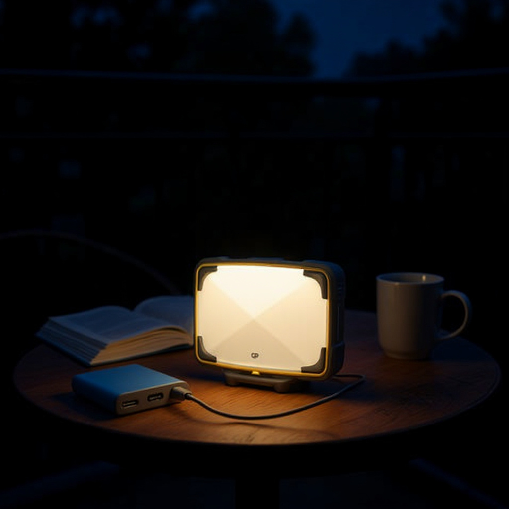 Lampe nomade rechargeable posée au centre d’une table de balcon, éclairant un livre et reliée discrètement à une batterie externe.