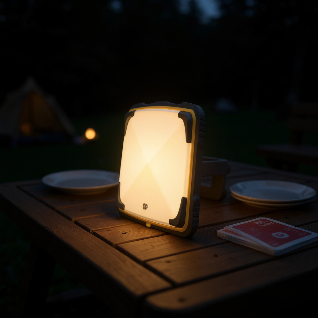 Lampe nomade rechargeable posée au centre d’une table de jardin en camping, éclairant un dîner et un jeu de cartes au crépuscule.