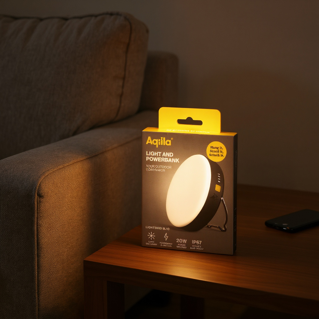 Lampe de table nomade rechargeable avec powerbank posée sur une table d’appoint, éclairage chaud et téléphone en charge.
