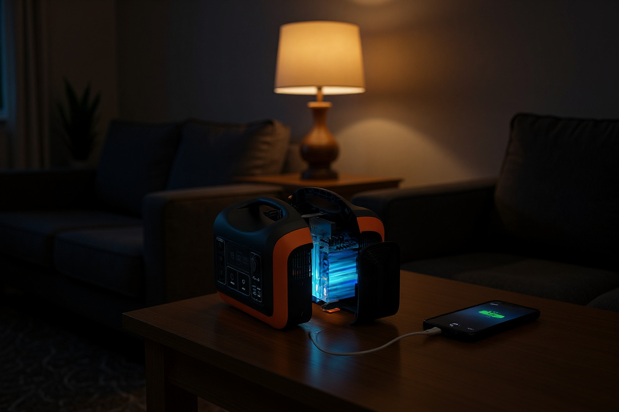 Ignorer le fond promo; un seul bloc d’alimentation LiFePO4 sur une table éclaire une lampe et recharge un téléphone.