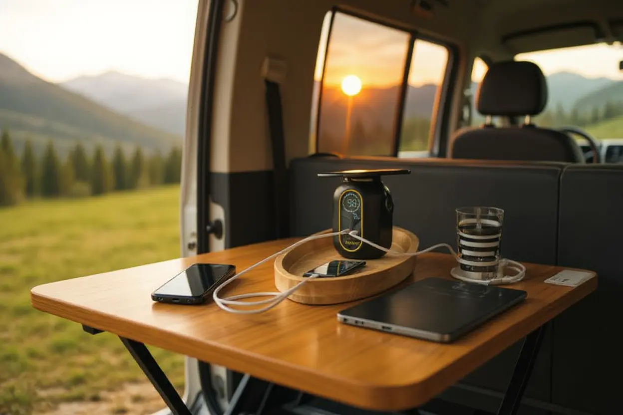 Station électrique portable rechargeant plusieurs appareils sur une table en bois dans un van aménagé