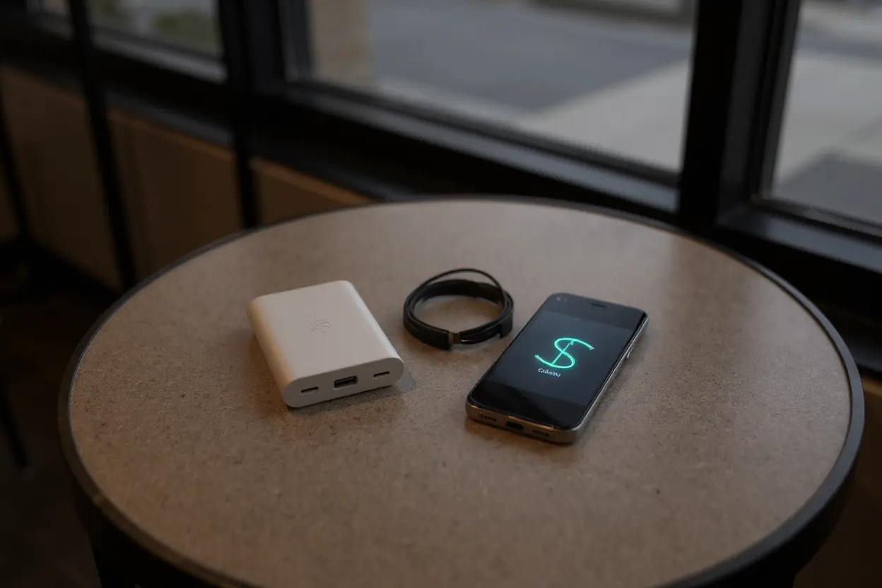 Ignorer le fond d’emballage ; sur une table de café, une mini batterie externe USB‑C charge rapidement un iPhone, affichage allumé.