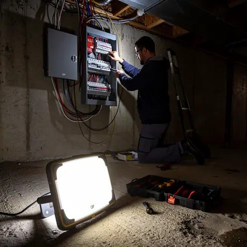 Lampe de travail LED rechargeable éclairant un chantier de rénovation de sous-sol