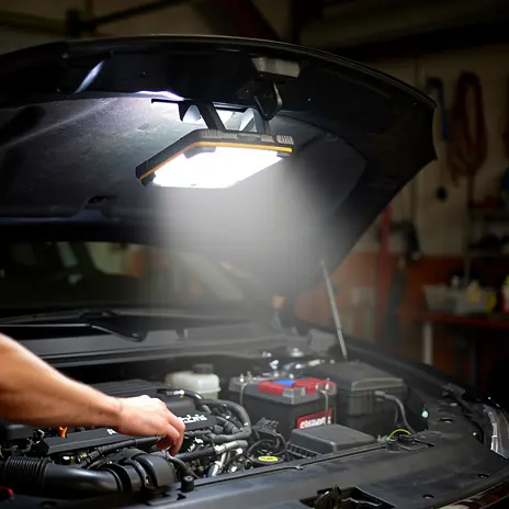 Lampe de travail rechargeable GP fixée magnétiquement sous le capot d'une voiture dans un garage domestique