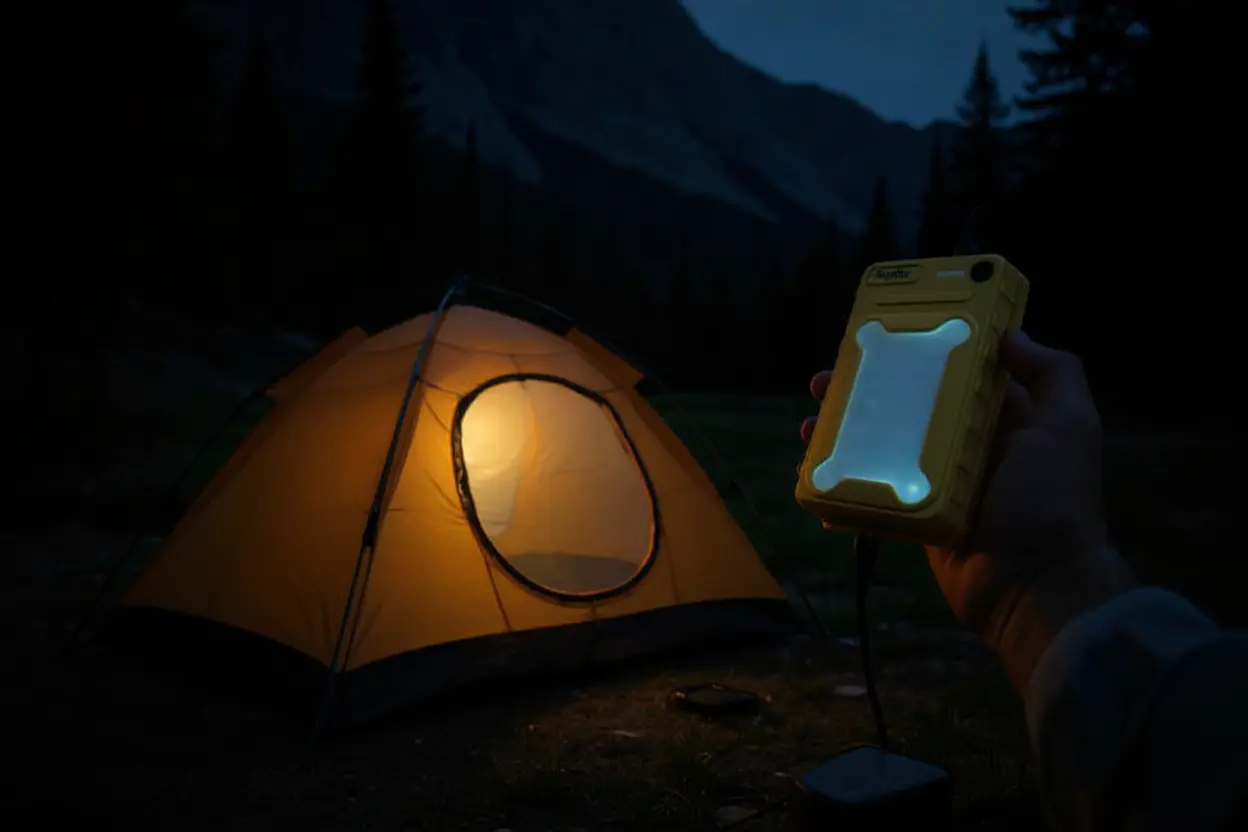 Lampe LED solaire de camping accrochée dans une tente illuminée au crépuscule chargeant un téléphone