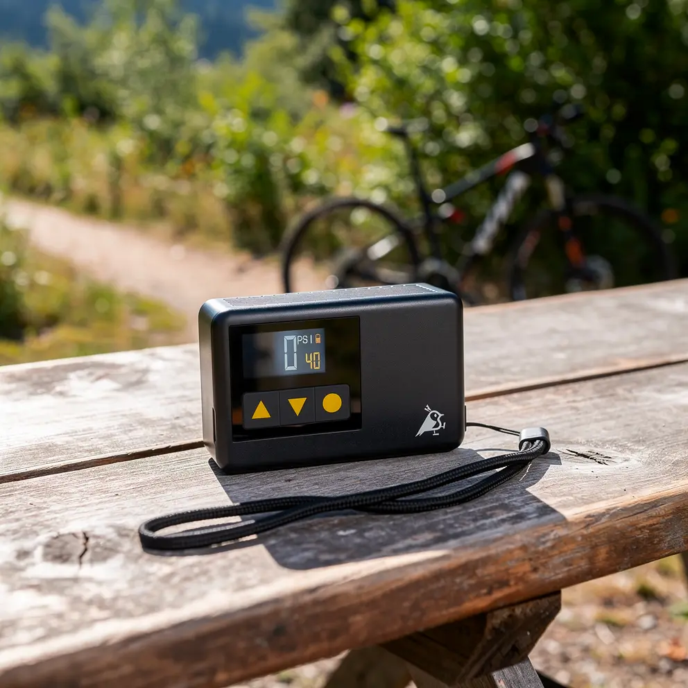 Pompe électrique rechargeable pour vélo sur une table en pleine nature lors d'une pause cycliste