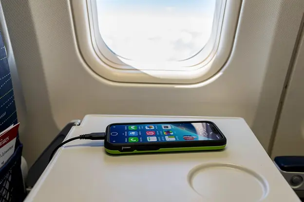 Batterie externe solaire posée sur la tablette d'un siège d'avion Emirates en train de recharger un smartphone
