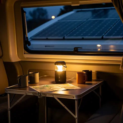 Lanterne LED de camping illuminée à l'intérieur d'un camping-car équipé de panneaux solaires sur le toit