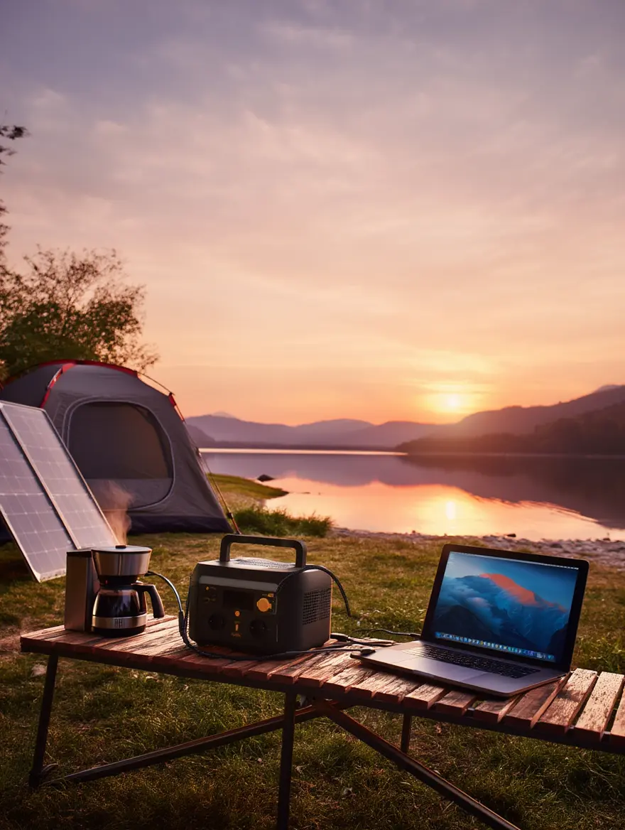 Station d'alimentation portable sur une table de camping au bord d'un lac alimentant un ordinateur et une cafetière.
