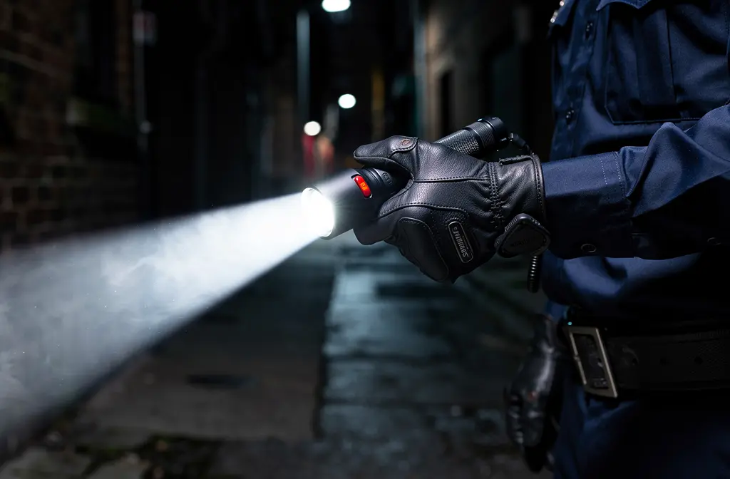 Lampe torche tactique de police éclairant une ruelle sombre la nuit