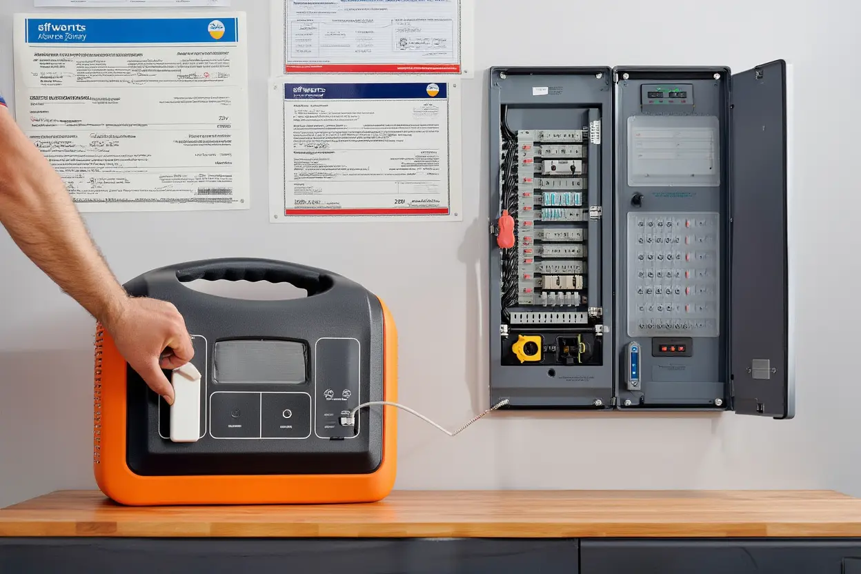 Station solaire portable avec certifications de sécurité près d'un tableau électrique domestique.