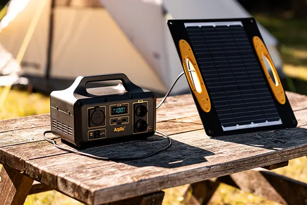 Générateur électrique portable économique sur une table de camping en train de se recharger via panneau solaire