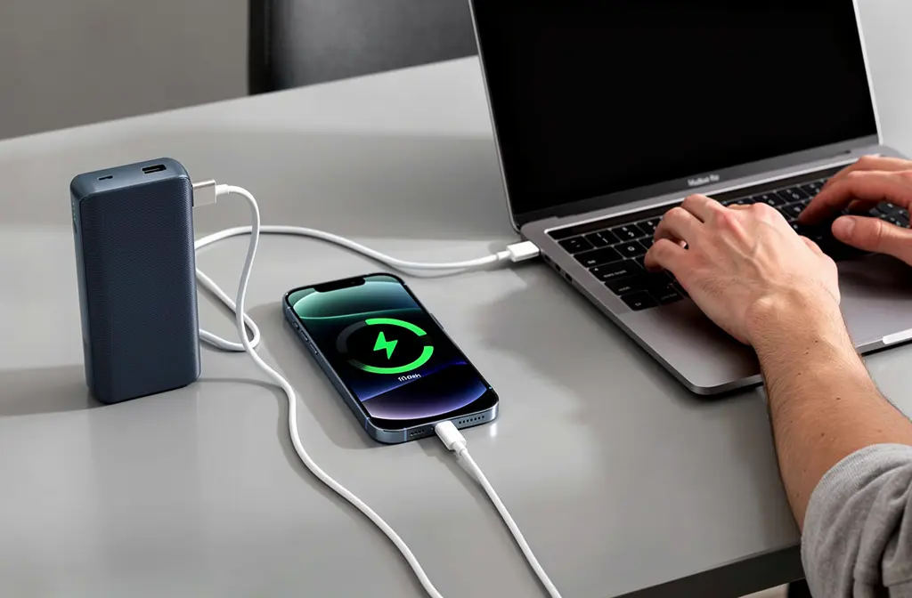 Batterie externe USB-C chargeant un iPhone 15 sur un bureau moderne