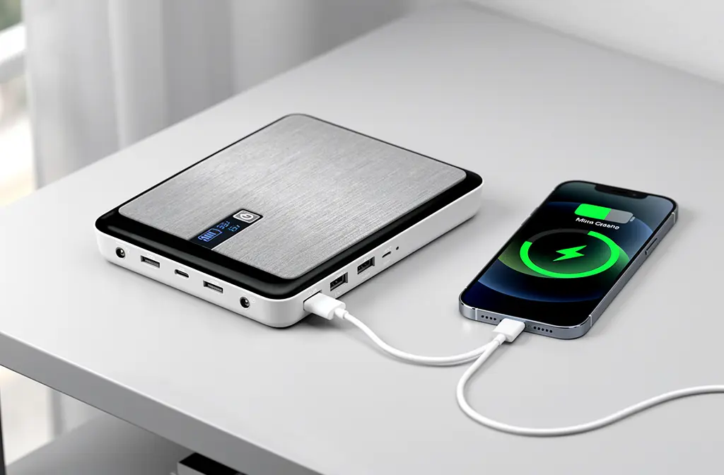 Batterie externe chargeant un iPhone 15 via câble USB-C sur un bureau moderne