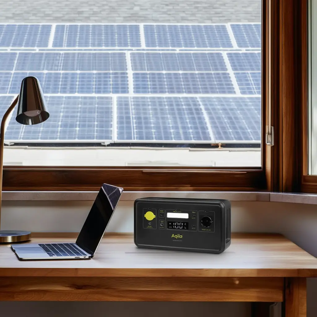 Station d'énergie portable Aqila sur un bureau alimentant des appareils domestiques avec panneaux solaires visibles en arrière-plan