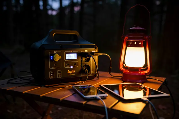 Générateur électrique portable Aqila sur table de camping alimentant une lanterne et des appareils.