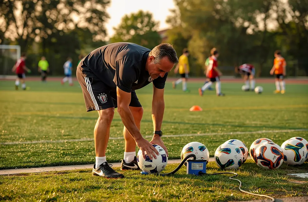 Entraîneur de football gonflant un ballon avec une pompe électrique portable au bord du terrain.